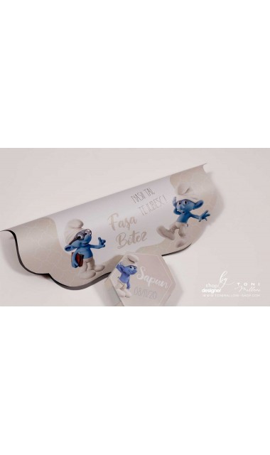 Trusou botez cu strumfii si broderie personalizata in nuante de crem si albastru Bebe Strumf 23